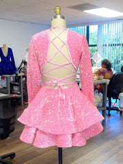 Pink Cocktail Dresses A Line V Neck Long Sleeve Shiny Sequin Homecoming Dresses