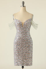 Silver Sequined Cocktail Dress With Fringes