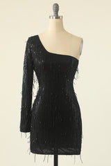 One Shoulder Black Cocktail Dress With Feathers