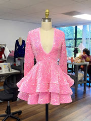 Pink Cocktail Dresses A Line V Neck Long Sleeve Shiny Sequin Homecoming Dresses