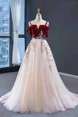 Uniquedresss Vintage Red Straps Tulle Formal Dress, Elegant Applique Prom Dress